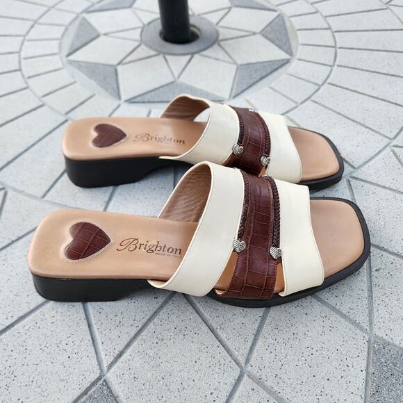 Brighton Billie Brown & Beige Open Toe Slide Leather Sandals 7.5 - Picture 2 of 9